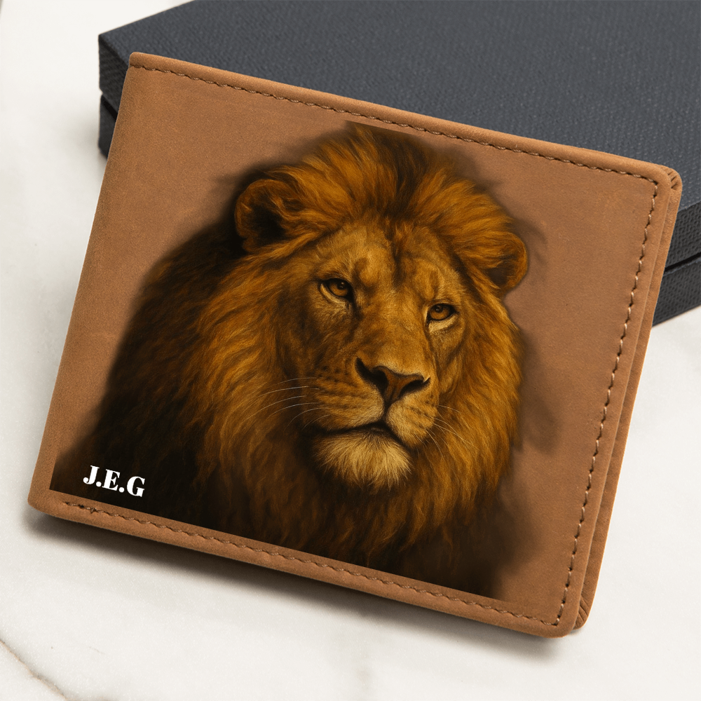 Regal Lion Personalized Leather Wallet – Custom Initials Engraved Gift for Him