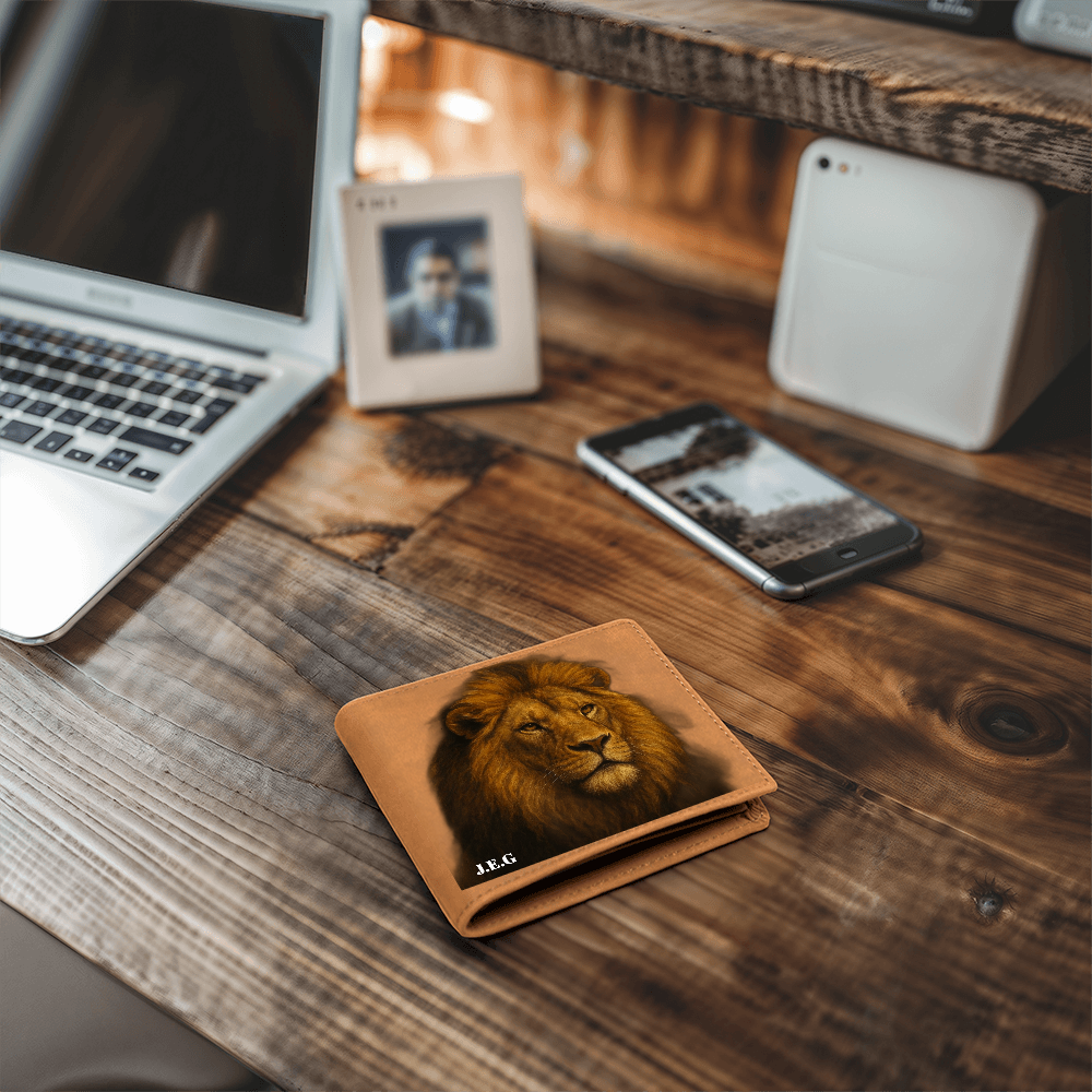 Regal Lion Personalized Leather Wallet – Custom Initials Engraved Gift for Him