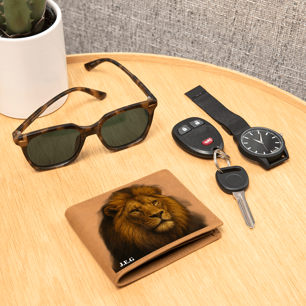 Regal Lion Personalized Leather Wallet – Custom Initials Engraved Gift for Him