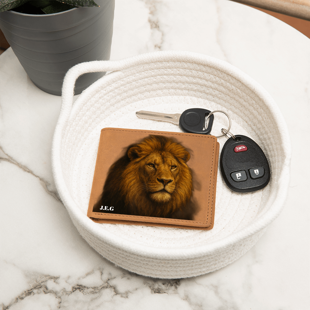 Regal Lion Personalized Leather Wallet – Custom Initials Engraved Gift for Him
